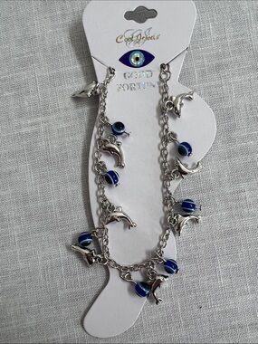 🌞 Cool Jewels Silver Dangling slinky Dolphin Charm anklet w/Blue Beads